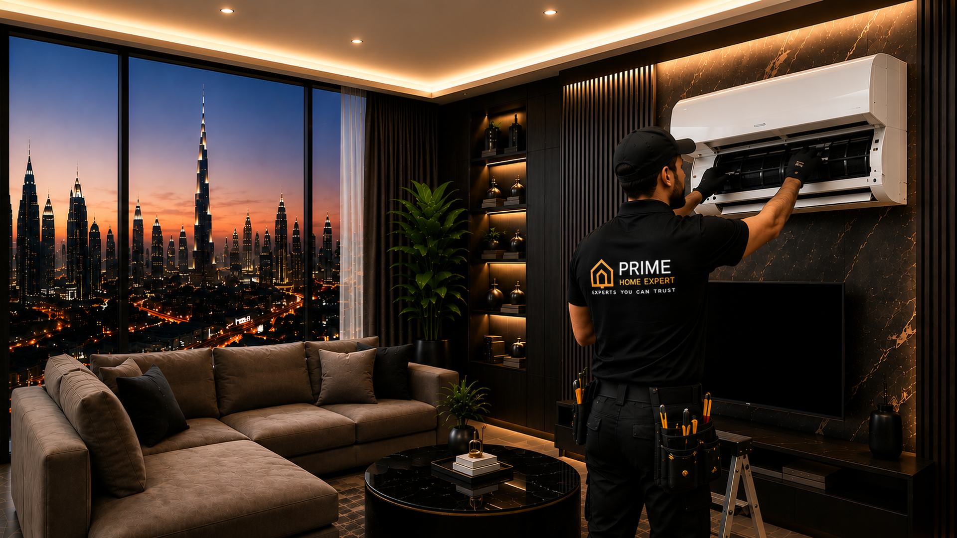Prime Home Expert technician repairing a wall-mounted air conditioner